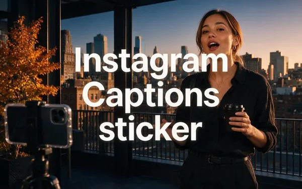 Instagram Captions sticker title card — a vertical phone filming a fictional adult speaking to camera on a sunny rooftop