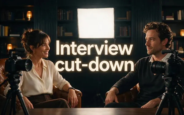 Interview cut-down title card — two fictional adults in an interview set with two cameras and soft key light