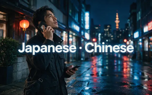 Japanese · Chinese title card — a fictional adult creator talking to a phone on a rainy East Asian city street at night