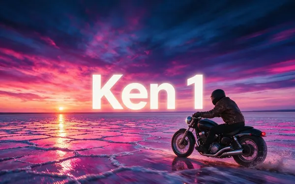 Ken 1 title card — a bold cinematic film still of a lone fictional adult rider on a motorbike across a neon salt flat at dusk