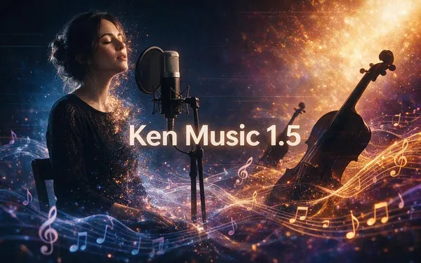 Ken Music 1.5 title card — a dreamy album-cover-like scene where a photograph dissolves into flowing musical waveforms and notes around a vocalist's microphone