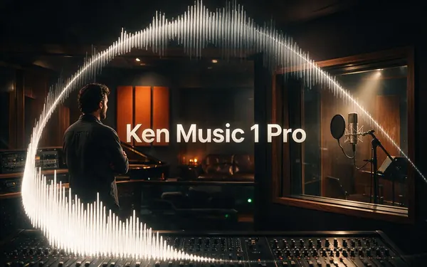 Ken Music 1 Pro title card — a grand studio with a vocal booth microphone in a spotlight and a long full-song waveform arcing across the whole frame