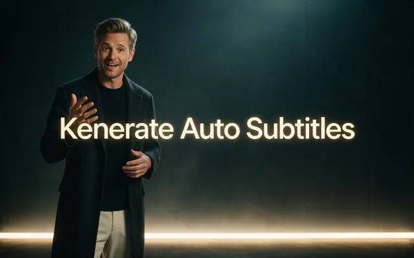 Kenerate Auto Subtitles title card — a cinematic frame of a fictional adult speaking to camera in a softly lit studio with a glowing empty lower band