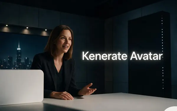 Kenerate Avatar title card — a long-form presenter video still of a fictional adult presenter at a desk in a modern studio