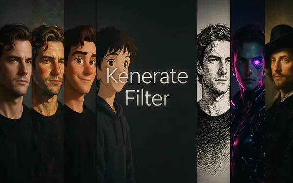 Kenerate Filter title card — one portrait photo of a fictional adult fanning out into several painterly and cartoon versions