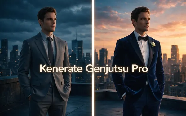 Kenerate Genjutsu Pro title card — a cinematic widescreen frame split by a thin line of light