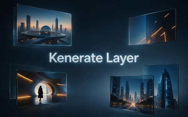 Kenerate Layer title card — a picture splitting into separate floating transparent layers in 3D space