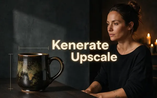 Kenerate Upscale title card — a crisp enlarged e-commerce product image of a ceramic mug with fine precise size-guide lines around it