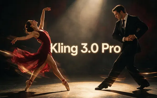Kling 3.0 Pro title card — two fictional adult dancers in an expressive tango under a spotlight