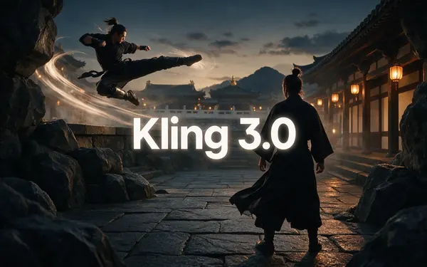 Kling 3.0 title card — a fictional adult martial artist mid-kick in a temple courtyard