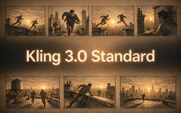 Kling 3.0 Standard title card — a row of rough pencil-sketch draft storyboard frames of a rooftop chase at sunset