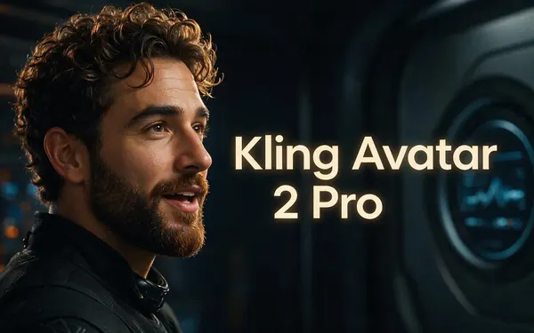 Kling Avatar 2 Pro title card — a close-up of a fictional adult avatar with a realistic warm expression mid-sentence
