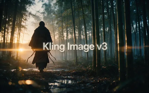 Kling Image v3 title card — a cinematic widescreen film still of a fictional adult warrior in layered robes walking through a bamboo forest at dawn