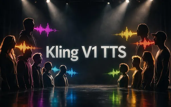 Kling V1 TTS title card — a cast of stylised character silhouettes