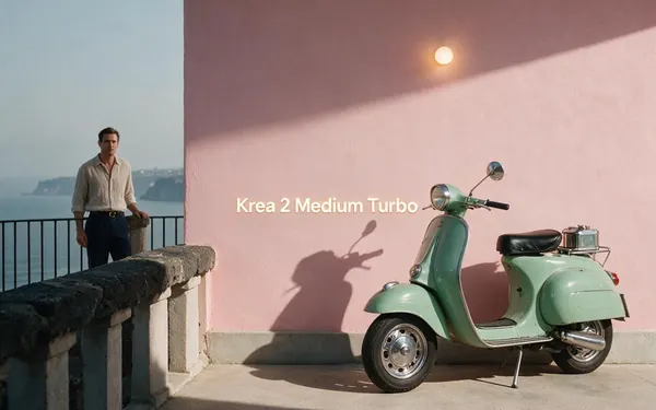Krea 2 Medium Turbo title card — a stylish quick editorial shot of a mint vintage scooter parked against a pastel pink wall in hard sunlight