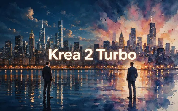 Krea 2 Turbo title card — a city-skyline photograph flowing seamlessly into a painterly watercolour remix of the same skyline from left to right