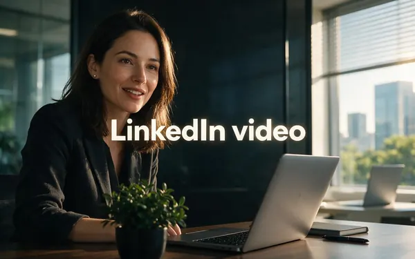 LinkedIn video title card — a professional fictional adult speaking to a laptop camera in a bright modern office