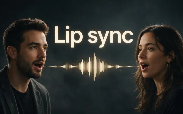 Lip sync title card — a fictional adult speaker on camera with a waveform lined up with their lips