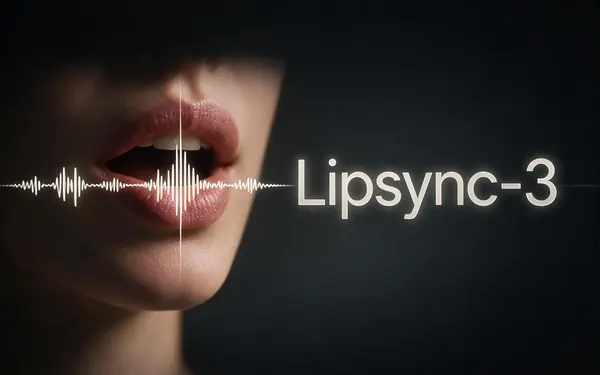 Lipsync-3 title card — a precise close-up of a fictional adult mouth mid-word perfectly synced to a sharp waveform