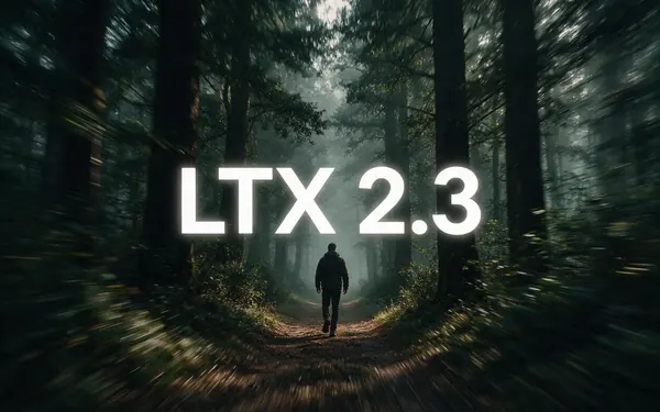 LTX 2.3 title card — a long continuous tracking shot through a misty forest