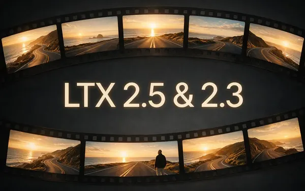 LTX 2.5 & 2.3 title card — a cinematic film strip curving across the frame
