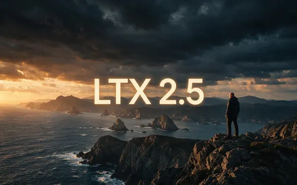 LTX 2.5 title card — a long aerial shot of a dramatic coastline at sunset
