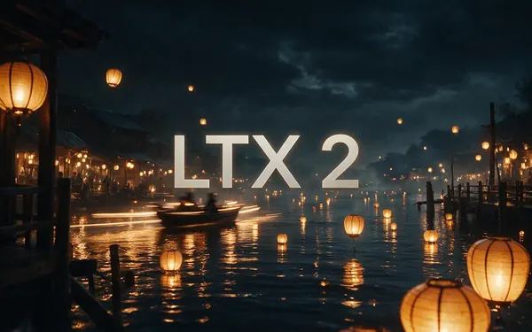LTX 2 title card — a film still of a lantern-lit river at night with gentle motion streaks
