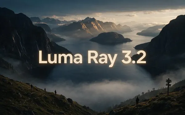 Luma Ray 3.2 title card — a photoreal sweeping crane shot over a misty fjord at dawn