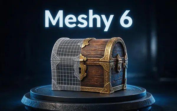 Meshy 6 title card — a textured fantasy treasure chest 3D asset on a turntable