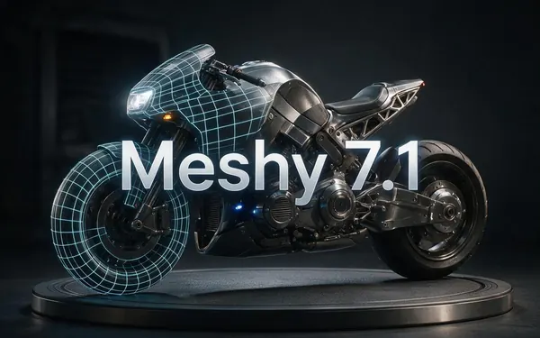 Meshy 7.1 title card — an ultra-detailed sci-fi motorcycle 3D asset on a turntable