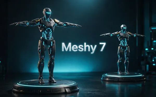 Meshy 7 title card — a detailed game-ready stylised robot character in a T-pose on a turntable
