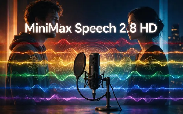 MiniMax Speech 2.8 HD title card — a high-fidelity studio microphone with seven waves in seven emotion colours radiating from it