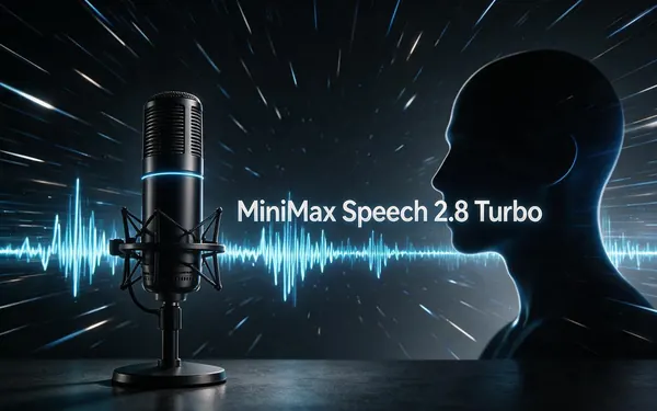 MiniMax Speech 2.8 Turbo title card — a sleek studio microphone with a fast waveform and speed streaks shooting past it