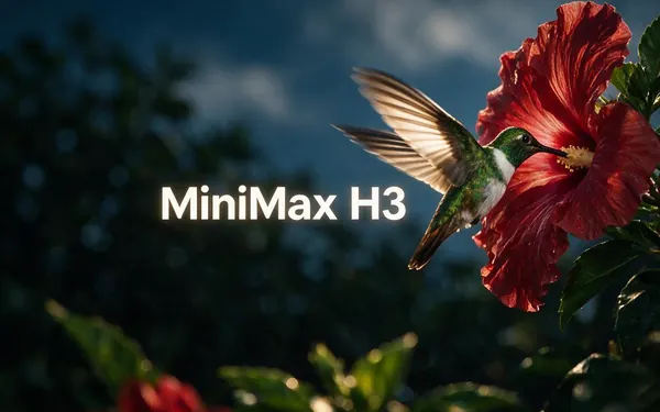 MiniMax H3 title card — a quick clip still of a hummingbird at a flower