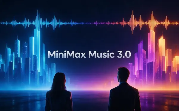 MiniMax Music 3.0 title card — a song structure shown as glowing coloured blocks of verses and choruses arranged like a city skyline