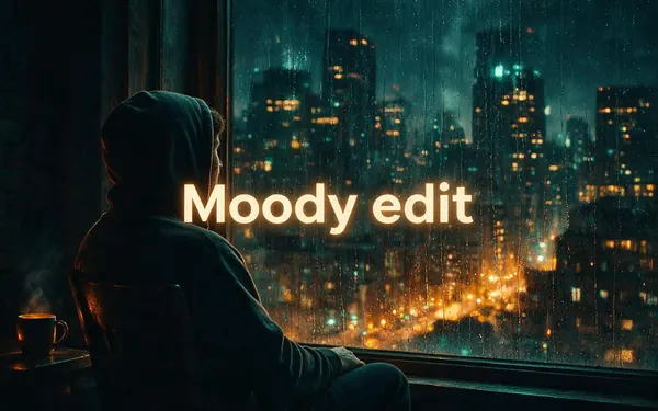 Moody edit title card — a moody rain-streaked window with city lights and a fictional adult in a hoodie looking out