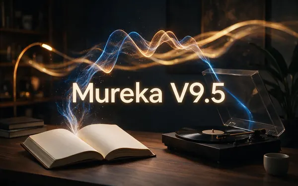 Mureka V9.5 title card — an open notebook with completely blank pages