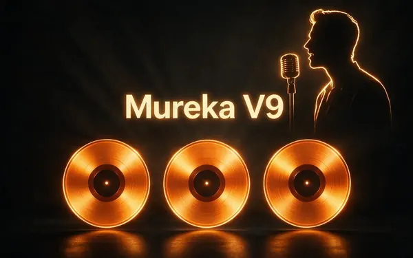Mureka V9 title card — three glowing vinyl records side by side like three takes
