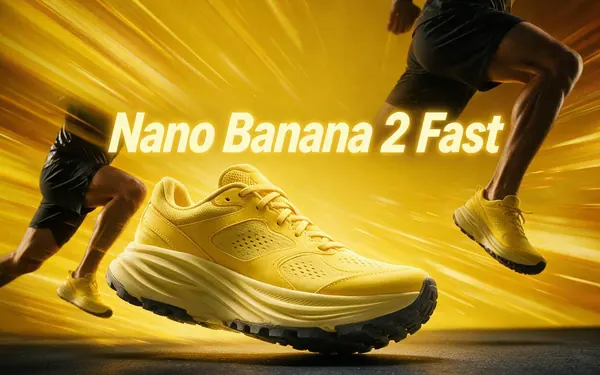 Nano Banana 2 Fast title card — a quick vibrant pop-art product shot of a sneaker bursting from a banana-yellow backdrop with speed lines