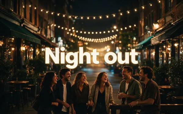 Night out title card — fictional adult friends laughing on a city street at night filmed on a vertical phone