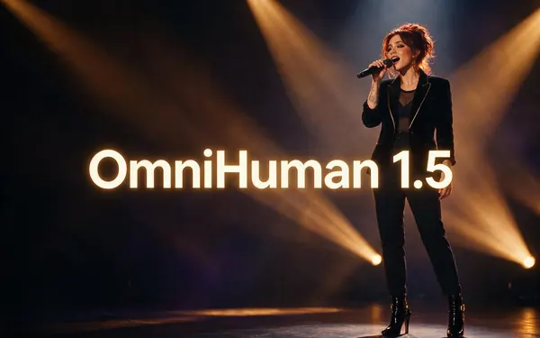 OmniHuman 1.5 title card — an expressive full-body fictional adult performer singing on stage with dramatic lights