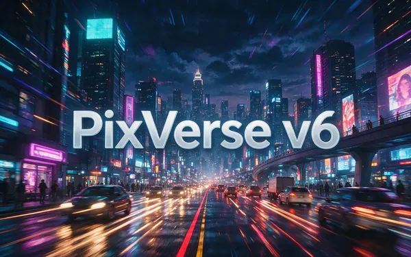 PixVerse v6 title card — a stylised social clip of a neon city at night with motion streaks