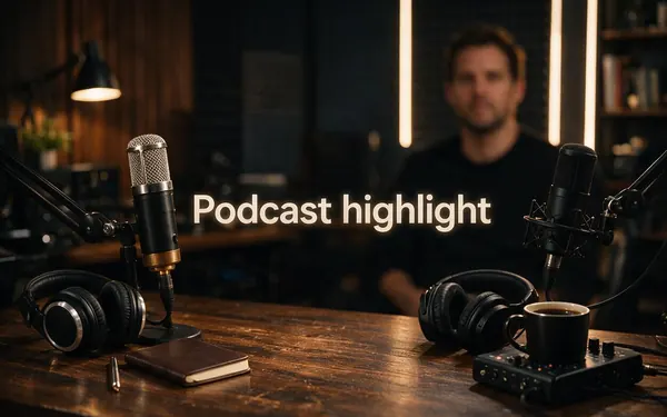 Podcast highlight title card — two podcast microphones and headphones on a wooden table