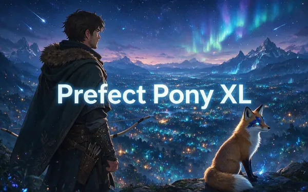 Prefect Pony XL title card — a colourful anime cartoon adventure scene of a fictional adult ranger and a fox companion on a cliff above a glowing valley
