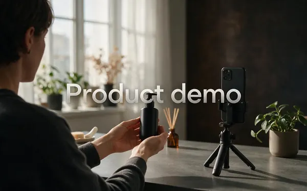 Product demo title card — hands showing an unbranded skincare bottle to a vertical phone on a tripod at a tidy desk