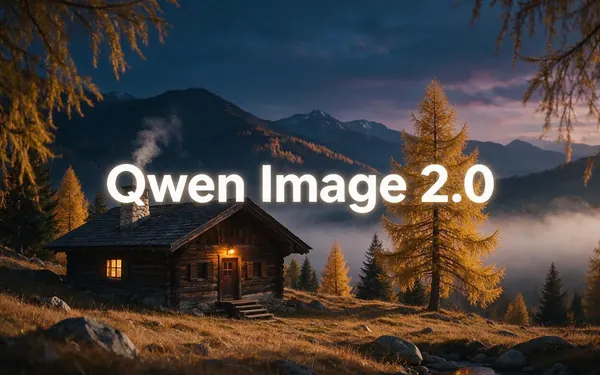 Qwen Image 2.0 title card — a photoreal mountain cabin in autumn with golden larches and smoke from the chimney
