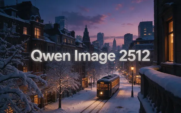 Qwen Image 2512 title card — a winter cityscape at dusk with fresh snow