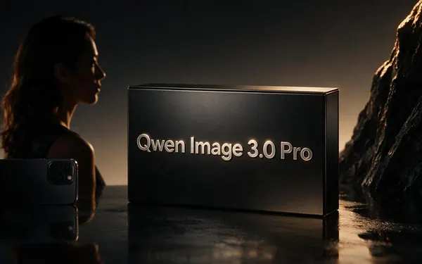 Qwen Image 3.0 Pro title card — crisp embossed brushed-metal lettering on a sleek matte black product box