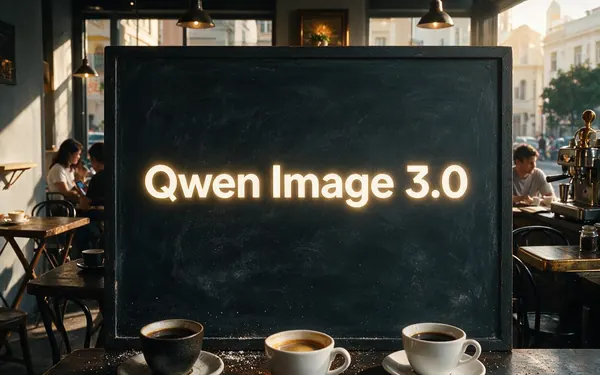 Qwen Image 3.0 title card — neatly written on a café blackboard menu board in a sunlit café