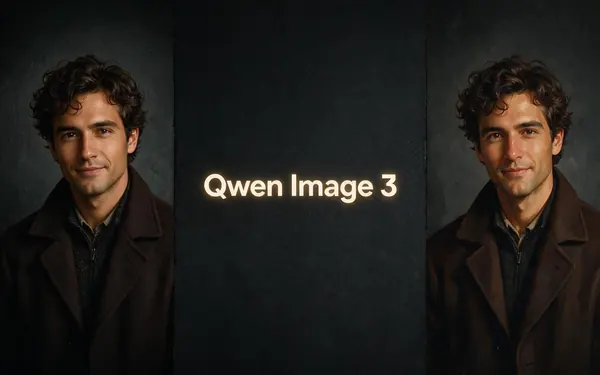 Qwen Image 3 title card — a portrait photo restyled into a clean painterly version beside the original